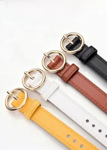 Detail of four colorful leather belts with gold round buckles and star eyelets