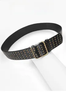 Macro detail of black leather punk belt featuring vintage gold rivets and square pin buckle