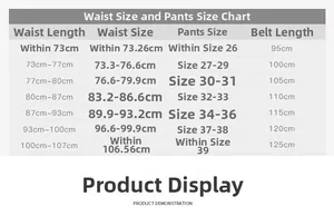 Size guide for adjustable belts showing waist measurements and corresponding belt lengths
