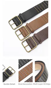 Detail view of retro square metal buckle and decorative silver rivets on high-quality belts