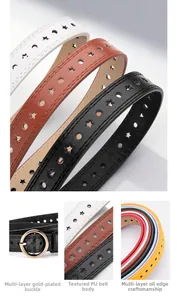 Detail view of colorful PU leather belts with gold metal buckle and star punch holes