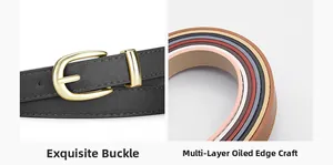 Détail d'une ceinture fine en similicuir avec boucle dorée en D et divers coloris