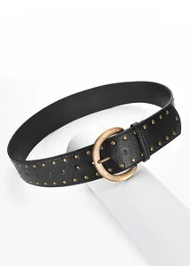 Vue détaillée de la ceinture en cuir vintage avec clous dorés et boucle en métal sculpté