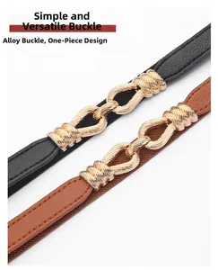 Detail of thin leather belts with interlocking gold alloy buckles in black and brown