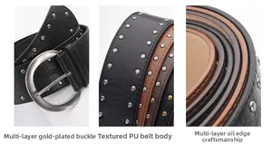 Vue détaillée de la boucle argentée vintage et de la texture cloutée du cuir PU de la ceinture