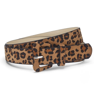 Stylish leopard print belt for women featuring a faux suede texture and wrapped square buckle