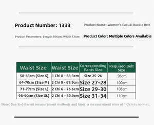 Guide des tailles pour ceinture en cuir PU avec largeur 1,8cm et longueurs de 95 à 110cm