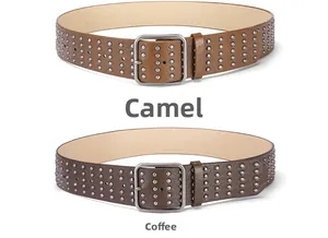 Close-up of camel and coffee vintage punk grommet belts with double-row metal rivets