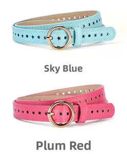 Detail view of sky blue and plum red belts with star-shaped hole punches and gold buckles
