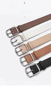 Detailed view of 5 assorted leather belts featuring matte alloy pin buckles in various colors