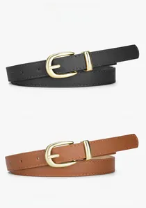 Vue détaillée des ceintures fines noire et camel avec boucles dorées ovales pour femme