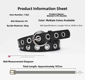 Detail view of black PU leather punk belt with silver metal eyelets and alloy buckle