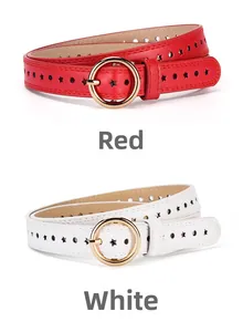 Close-up of star-shaped perforated details on red and white belts with gold round buckles