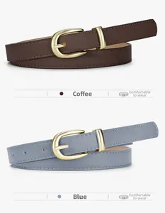 Détail de ceintures fines en similicuir café et bleu avec boucles ovales dorées élégantes