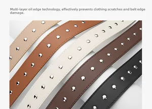 Detail of PU leather belts with silver rivets in five colors showing edge oil finish