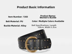 Détail de la ceinture noire large en PU de 108 cm avec rivets dorés et boucle à anneau