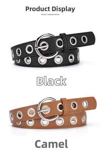 Close-up of black and camel leather belts with silver metal eyelets and double ring buckles