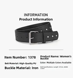 Detail of black PU leather belt for women featuring silver rivets and size specifications