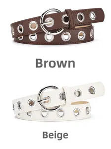 Detail view of coffee and beige punk belts with vintage metal eyelets and round buckle