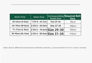 Size chart showing belt length recommendations based on waist size and pant sizes
