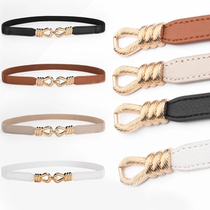 Women's Adjustable Thin Elastic Waist Belt PU Leather Waist Cincher With Gold Interlocking Buckle For Dresses Shirts Sweater