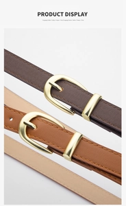 Détail de ceintures fines en similicuir marron et café avec boucles dorées ovales
