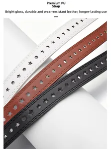 Detail of PU leather belts featuring star-shaped hollow cutouts and stitching