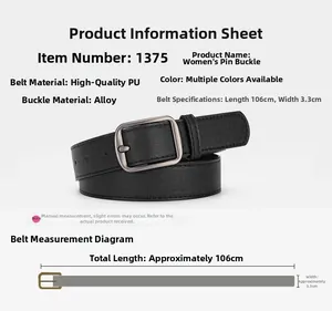 Size chart showing dimensions for a 106x3.3cm black PU leather belt with silver buckle