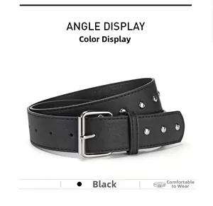 Detail view of black punk faux leather belt with triple row silver metal studs and pin buckle
