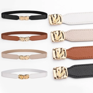 Women Elastic Corset Belt Elegant Thin PU Leather Waistband With Gold Wave Metal Buckle Stretch Decorative Cinch Belt For Dresses