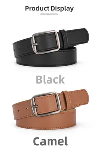Detail view of black and camel leather belts with matte silver buckles and fine litchi texture