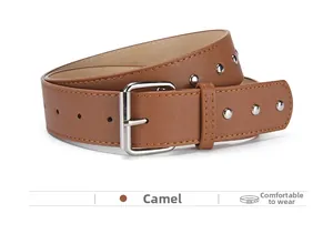 Detailed macro view of camel PU leather belt featuring silver round metal rivets and pin buckle