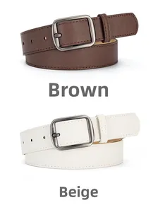 Detail view of coffee and beige minimalist belts with square matte metal buckles