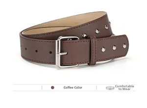 Detail of coffee brown PU leather belt featuring silver round metal rivets and pin buckle