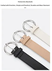 Detail of three slim belts with zinc alloy buckles in white, khaki, and black colors