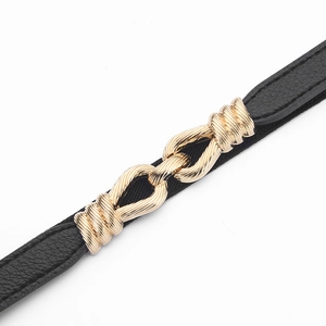 Adjustable black leather belt with a golden twisted metal chain buckle for women