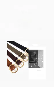 Close-up of four frosted faux suede belts with vintage gold oval buckles in various colors