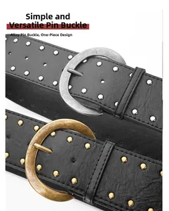 Détails de boucles à ardillon en alliage avec rivets sur ceintures en cuir noir rétro