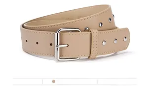 Detail view of khaki PU leather belt featuring silver square buckle and round metal studs