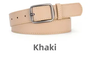 Close-up of khaki leather belt with matte gun-grey square buckle and fine stitching