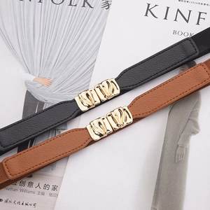 Elegant elastic waist belt with gold wave buckle in black and brown colors for dresses