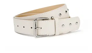 Detail of beige PU leather belt with silver square buckle and metal rivets decoration