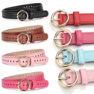 Women Girls Fashion PU Leather Waist Belt Hollow Star Pattern Round Gold Alloy Buckle Casual Decorative Adjustable Belt Accessory