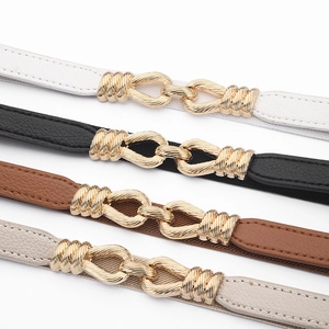 Set of four minimalist elastic belts in black white brown apricot with gold interlocking buckle