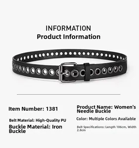 Women's black PU leather belt with metal grommets and square pin buckle, 106x2.8cm size
