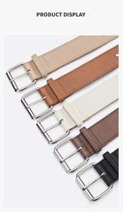 Detailed view of five color minimalist PU leather belts with silver pin buckles and stitching