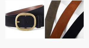 Close-up of retro suede PU belts with vintage brass buckles in black brown and olive