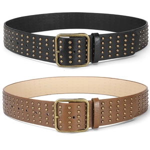 Women Vintage Punk Wide Belt PU Leather Multi Row Rivet Alloy Pin Buckle Streetwear Waistband Fashion Accessory