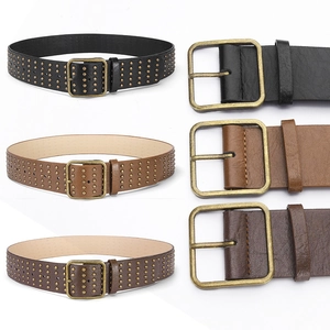 Punk style wide leather belt with double row eyelets and bronze buckle in three colors