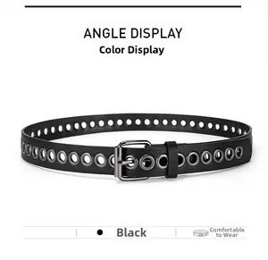 Detailed view of punk style black leather belt with silver metal eyelets and square buckle